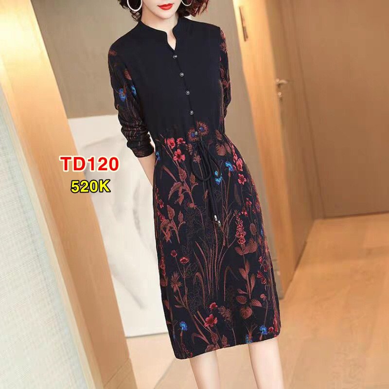 Đầm Len Phối Hoa Rút Eo - TD120